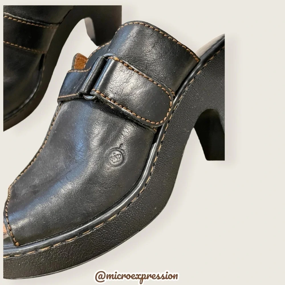 Born Black Real Leather Platform Mules Clogs Buckle Everyday Fashion Cute Heels - Picture 5 of 10